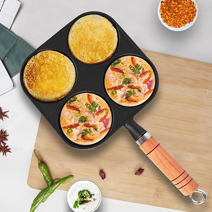 Solara Crown Stone Premium Pre-seasoned Cast Iron Uttapam Pan 4 Pit | Naturally Nonstick Toxin-free Uttappam Tawa With Wooden Handle